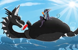 Size: 1280x821 | Tagged: safe, artist:endonomz, dragon, fictional species, furred dragon, reptile, scaled dragon, anthro, feral, duo, food, glasses, popsicle, size difference, sunglasses, swimming, water