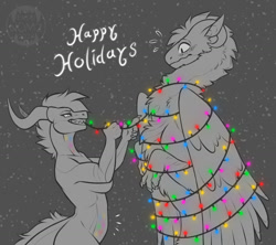 Size: 1280x1135 | Tagged: safe, artist:endonomz, dragon, fictional species, furred dragon, reptile, scaled dragon, anthro, feral, ambiguous gender, bondage, christmas lights, duo, female, lights