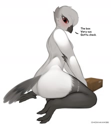 Size: 1600x1800 | Tagged: suggestive, artist:chickhawk96, oc, oc only, bird, anthro, beak, blushing, box, breasts, butt, complete nudity, dialogue, eyelashes, feathers, female, fluff, kneeling, looking at you, looking back, looking back at you, nudity, red eyes, simple background, solo, solo female, tail, tail fluff, talking, talking to viewer, white background, white feathers