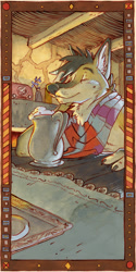 Size: 399x800 | Tagged: safe, artist:leeden, canine, mammal, wolf, anthro, ambiguous gender, clothes, eyes closed, mug, scarf, solo, solo ambiguous, table