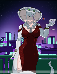 Size: 966x1250 | Tagged: safe, artist:yawg, torque (x-com), fictional species, reptile, snake, viper (x-com), naga, x-com, 2021, alcohol, big breasts, bracelet, breasts, cleavage, clothes, cocktail, cocktail glass, detailed background, dress, drink, female, glass, green eyes, jewelry, long tail, looking at you, necklace, night, scales, sexy, side slit, slit pupils, solo, solo female, tail, tongue, tongue out, white scales