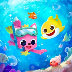 Size: 2048x2048 | Tagged: safe, official art, brooklyn (pinkfong), pinkfong (pinkfong), arthropod, canine, crab, crustacean, fish, fox, hermit crab, mammal, shark, feral, semi-anthro, pinkfong, ambiguous gender, baby, baby shark, diving, high res, male, males only, ocean, pilot fish, trio, trio male, water, william (pinkfong), young