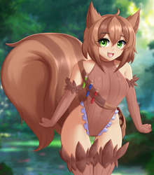 Size: 1408x1600 | Tagged: safe, artist:twistedscarlett60, animal humanoid, fictional species, mammal, rodent, squirrel, humanoid, 2020, blurred background, blushing, clothes, detailed background, digital art, ears, eyelashes, female, fur, gloves, hair, legwear, long gloves, looking at you, monster girl, open mouth, solo, solo female, stockings, tail, thigh gap, thighs, tongue, wide hips