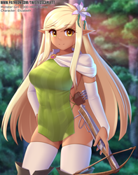 Size: 1260x1600 | Tagged: safe, artist:twistedscarlett60, elf, fictional species, mammal, humanoid, 2020, arrow, big breasts, blurred background, blushing, breasts, clothes, detailed background, digital art, ears, eyelashes, female, floppy ears, flower, flower in hair, forest, hair, hair accessory, legwear, looking at you, monster girl, panties, pointy ears, skin, smiling, smiling at you, solo, solo female, stockings, thighs, tree, underwear, wide hips