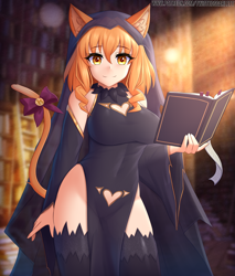 Size: 1360x1600 | Tagged: safe, artist:twistedscarlett60, animal humanoid, cat, feline, fictional species, mammal, humanoid, 2021, blurred background, blushing, book, breasts, clothes, detailed background, digital art, ears, eyelashes, female, fluff, gloves, hair, legwear, library, long gloves, looking at you, monster girl, neck fluff, skin, solo, solo female, stockings, tail, thighs, wide hips
