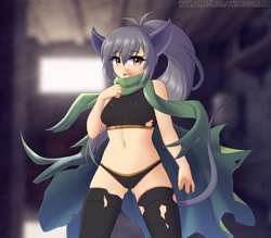 Size: 1600x1401 | Tagged: safe, artist:twistedscarlett60, animal humanoid, fictional species, mammal, rat, rodent, humanoid, 2020, belly button, blurred background, cape, clothes, crossed arms, detailed background, digital art, ears, eyelashes, female, hair, legwear, looking at you, monster girl, open mouth, pointy ears, scarf, skin, solo, solo female, sports bra, sports panties, stockings, tail, thighs, tongue, topwear, torn clothes, tsundere, wide hips
