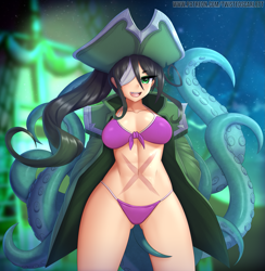Size: 1559x1600 | Tagged: safe, artist:twistedscarlett60, animal humanoid, fictional species, mammal, mollusk, octopus, humanoid, 2021, abs, armless, belly button, bikini, blurred background, blushing, breasts, cape, clothes, detailed background, digital art, ears, eyelashes, female, hair, looking at you, monster girl, muscles, one eye closed, open mouth, pirate, pirate hat, scar, skin, solo, solo female, swimsuit, tentacle hair, tentacles, thighs, tongue, wide hips