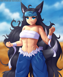Size: 1313x1600 | Tagged: safe, artist:twistedscarlett60, animal humanoid, canine, fictional species, fox, kitsune, mammal, humanoid, 2021, abs, bandage, belly button, blurred background, bottomwear, bra, breasts, clothes, cloud, desert, detailed background, digital art, ears, eyelashes, female, hair, headband, looking at you, monster girl, multiple tails, muscles, pants, sand, skin, sky, solo, solo female, tail, tattoo, thighs, underwear, wide hips