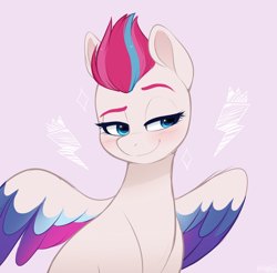 Size: 1300x1280 | Tagged: safe, artist:higglytownhero, zipp storm (mlp), equine, fictional species, mammal, pegasus, pony, feral, hasbro, my little pony, my little pony g5, spoiler, spoiler:my little pony g5, blushing, bust, cute, female, hair, lidded eyes, mare, mohawk, multicolored hair, pink background, simple background, smiling, solo, solo female