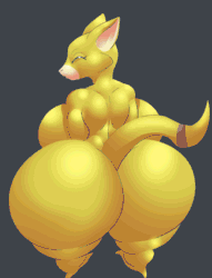 Size: 1524x2000 | Tagged: suggestive, artist:thebigbadwolf01, abra, fictional species, anthro, nintendo, pokémon, 2020, animated, big breasts, big butt, breasts, butt, commission, digital art, ears, eyes closed, female, fur, gif, gray background, huge breasts, huge butt, looking at you, looking back, looking back at you, rear view, rearboob, shortstack, simple background, solo, solo female, tail, thighs, wide hips