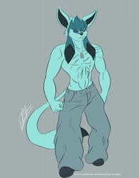 Size: 1006x1280 | Tagged: safe, artist:thebigbadwolf01, eeveelution, fictional species, glaceon, mammal, anthro, nintendo, pokémon, 2017, belly button, bottomwear, clothes, commission, digital art, ears, flat colors, fur, gray background, hair, jewelry, male, necklace, nudity, pants, scar, shoes, simple background, solo, solo male, tail, thighs, topless