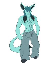 Size: 790x1005 | Tagged: safe, alternate version, artist:thebigbadwolf01, eeveelution, fictional species, glaceon, mammal, anthro, nintendo, pokémon, 2017, belly button, bottomwear, clothes, commission, digital art, ears, fur, hair, jewelry, male, necklace, nudity, pants, scar, shoes, simple background, solo, solo male, tail, thighs, topless, transparent background