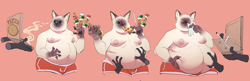 Size: 4000x1301 | Tagged: safe, artist:bigbuttdonkey, cat, feline, mammal, anthro, belly rub, comic, disembodied hand, eating, fat, food, pizza