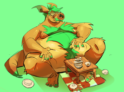 Size: 1964x1452 | Tagged: safe, artist:bigbuttdonkey, aardvark, mammal, anthro, eating, fat, food, glasses, male, plate, table
