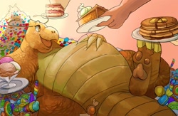 Size: 1280x832 | Tagged: safe, artist:bigbuttdonkey, dragonite, fictional species, anthro, nintendo, pokémon, cake, candy, disembodied hand, eating, fat, food, ice cream, pie