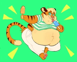 Size: 1280x1036 | Tagged: safe, artist:bigbuttdonkey, big cat, feline, mammal, tiger, anthro, eating, fat, food, male, paw pads, paws, popsicle, underpaw