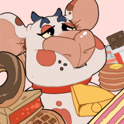 Size: 400x400 | Tagged: source needed, safe, artist:bigbuttdonkey, bovid, cattle, cow, mammal, anthro, 2d, 2d animation, animated, bell, chewing, cowbell, doughnut, eating, fat, food, frame by frame, gif, low res