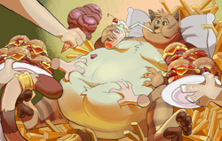 Size: 1949x1242 | Tagged: safe, artist:bigbuttdonkey, cat, feline, mammal, anthro, burger, cheese, cheeseburger, disembodied hand, eating, fat, food, french fries, hamburger, ice cream, ice cream cone, ketchup, lettuce, male, meat, milkshake, tomato, vegetables
