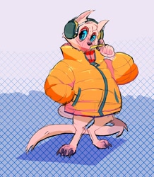 Size: 1118x1280 | Tagged: safe, artist:bigbuttdonkey, canine, mammal, wolf, anthro, clothes, headphones, jacket, pencil, topwear