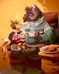 Size: 1019x1280 | Tagged: safe, artist:bigbuttdonkey, badger, gecko, leopard gecko, lizard, mammal, mustelid, reptile, anthro, clothes, cookie, drink, fat, food, hot chocolate, size difference, sweater, topwear