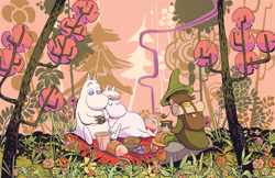 Size: 1020x660 | Tagged: safe, artist:blacklorry, ambiguous species, fictional species, mammal, moomin, troll, feral, moomins (series), forest, group, grpi[, picnic, trio