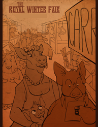 Size: 842x1089 | Tagged: safe, artist:blacklorry, bovid, canine, caprine, cattle, cow, equine, horse, lagomorph, mammal, pig, rabbit, sheep, suid, anthro, crowd, group, monochrome, stalls
