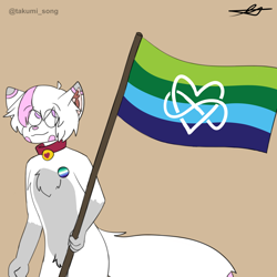 Size: 2500x2500 | Tagged: safe, artist:takumi, oc, oc only, oc:takumi song, canine, fox, mammal, anthro, abstract background, flag, fur, gay symbol, hair, high res, male, polyamory, pride, pride flag, pride month, purple eyes, simple background, solo, solo male, tail