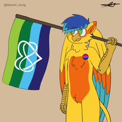 Size: 2500x2500 | Tagged: safe, artist:takumi, oc, oc only, oc:prossésor, bird, feline, fictional species, gryphon, mammal, anthro, abstract background, feathered wings, feathers, flag, fur, gay symbol, hair, high res, male, polyamory, pride, pride flag, pride month, purple eyes, simple background, solo, solo male, tail, wings