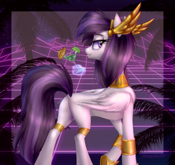 Size: 2175x2053 | Tagged: suggestive, artist:megabait, athena (guardians of pondonia), equine, fictional species, mammal, pegasus, pony, feral, guardians of pondonia, armor, bracelet, cocktail garnish, cocktail umbrella, crown, featureless crotch, female, headdress, high res, jewelry, lime, magic, mare, margarita, necklace, regalia, smiling, solo, solo female, tail, wings