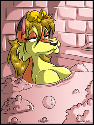Size: 1200x1600 | Tagged: safe, artist:dutch, canine, fox, mammal, anthro, annoyed, bath, bedroom eyes, big breasts, bored, breasts, bubble bath, depressed, female, nudity, partially submerged, rubber duck, sad, solo, solo female, strategically covered, toy, vixen, water