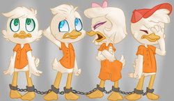 Size: 2048x1185 | Tagged: safe, artist:gummy-goat-galaxy, dewey duck (disney), huey duck (disney), louie duck (disney), webby vanderquack (ducktales), bird, duck, waterfowl, anthro, disney, ducktales, ducktales (2017), mickey and friends, beak, bound together, chained, chains, clothes, eyes closed, female, male, open beak, open mouth, prison outfit, shackles