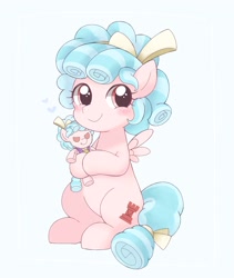 Size: 1725x2048 | Tagged: safe, artist:ginmaruxx, cozy glow (mlp), equine, fictional species, mammal, pegasus, pony, friendship is magic, hasbro, my little pony, 2020, blushing, clothes, cute, feathered wings, feathers, female, filly, foal, fur, headband, looking at you, peach body, peach fur, plushie, simple background, sitting, smiling, solo, solo female, tail, tail band, white background, wings, young