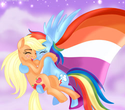 Size: 1280x1125 | Tagged: safe, artist:tiger-of-my-eye, applejack (mlp), rainbow dash (mlp), earth pony, equine, fictional species, mammal, pegasus, pony, feral, friendship is magic, hasbro, my little pony, 2021, appledash (mlp), blushing, carrying, cloud, duo, duo female, eyes closed, feathered wings, feathers, female, female/female, females only, flag, flying, freckles, happy, hug, lesbian pride flag, mare, pride, pride flag, pride month, shipping, smiling, tail, wings