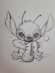 Size: 1224x1632 | Tagged: artist needed, safe, stitch (lilo & stitch), alien, experiment (lilo & stitch), fictional species, disney, lilo & stitch, 4 fingers, 4 toes, antennae, back spines, bong, ears, grayscale, irl, monochrome, photo, photographed artwork, simple background, sketch, smoking, solo, toe claws, torn ear