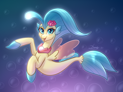 Size: 1890x1417 | Tagged: safe, artist:dandy, princess skystar (mlp), fictional species, fish, mammal, seapony, feral, friendship is magic, hasbro, my little pony, my little pony: the movie, 2021, atg 2021, bioluminescent, blue eyes, blue hair, blue mane, blushing, bubble, clothes, dorsal fin, eyebrows, eyelashes, female, fin wings, fins, fish tail, flower, flower in hair, flowing mane, flowing tail, glowing, hair, hair accessory, happy, jewelry, looking at you, mane, necklace, newbie artist training grounds, ocean, open mouth, pearl necklace, see-through, signature, simple background, smiling, solo, solo female, tail, underwater, water, wings, yellow body