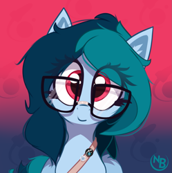 Size: 1061x1067 | Tagged: safe, artist:nevobaster, oc, oc only, oc:delta vee, equine, mammal, pony, abstract background, avatar, bandolier, bust, button, female, glasses, looking at you, mare, solo, solo female