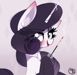 Size: 2574x2499 | Tagged: safe, artist:nevobaster, rarity (mlp), equine, fictional species, mammal, pony, unicorn, friendship is magic, hasbro, my little pony, abstract background, avatar, bust, cigarette, cigarette holder, female, high res, jewelry, levitation, looking at you, magic, mare, smoke, solo, solo female