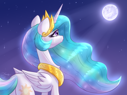 Size: 1890x1417 | Tagged: safe, artist:dandy, princess celestia (mlp), alicorn, equine, fictional species, mammal, pony, feral, friendship is magic, hasbro, my little pony, 2021, atg 2021, chest fluff, crying, cutie mark, ethereal mane, eyelashes, female, fluff, fur, hair, horn, jewelry, long hair, looking up, mare, moon, multicolored hair, multicolored tail, newbie artist training grounds, night, purple eyes, rear view, regalia, sad, solo, solo female, sparkly hair, sparkly mane, tail, teary eyes, white body, white fur, wings