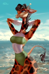 Size: 2731x4096 | Tagged: safe, artist:holivi, giraffe, mammal, anthro, beach, bikini, blue eyes, breasts, brown hair, clothes, ear fluff, ears, female, fluff, fur, hair, horns, orange body, orange fur, outdoors, seaside, solo, solo female, spotted fur, swimsuit, tail, thick thighs, thighs, water