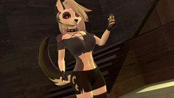 Size: 1280x720 | Tagged: safe, artist:dragonsam98, loona (vivzmind), canine, demon, fictional species, hellhound, mammal, anthro, hazbin hotel, helluva boss, 3d, belly button, breasts, cell phone, clothes, crop top, cropped shirt, evil grin, female, grin, looking at you, midriff, pentagram, phone, red eyes, solo, solo female, source filmmaker, this will end in death by snu snu, topwear