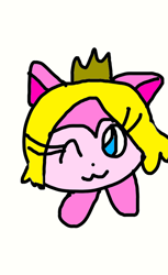 Size: 664x1082 | Tagged: safe, artist:sugarbugjewelpet, princess peach (mario), canine, dog, fictional species, goomba (mario), mammal, monster, ambiguous form, feral, semi-anthro, mario (series), nintendo, crown, dogified, ears, female, furrified, goombafied, jewelry, one eye closed, regalia, simple background, solo, solo female, white background, winking