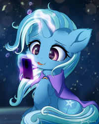 Size: 1280x1600 | Tagged: safe, artist:symbianl, trixie (mlp), equine, fictional species, mammal, pony, unicorn, friendship is magic, hasbro, my little pony, :3, cell phone, cheek fluff, cute, cute little fangs, ear fluff, elbow fluff, fangs, fluff, hoof fluff, hooves, neck fluff, open mouth, phone, sharp teeth, signature, smiling, snaggletooth, solo, teeth