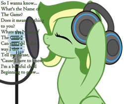 Size: 1185x989 | Tagged: safe, artist:candysweet90240, artist:didgereethebrony, oc, oc only, oc:boomerang beauty, feral, trace, abba, base used, female, headphones, lyrics, microphone, simple background, singing, solo, solo female, the name of the game, transparent background