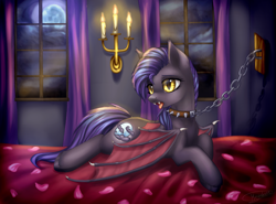 Size: 1920x1417 | Tagged: safe, artist:megabait, oc, oc only, oc:dawn sentry (firetale), bat pony, equine, fictional species, mammal, pony, feral, friendship is magic, hasbro, my little pony, chain, chained, collar, female, jewelry, night, rose petals, roses, slave, solo, solo female, spiked collar