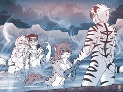 Size: 1440x1080 | Tagged: suggestive, artist:heresyart, adira (twokinds), amelia (twokinds), kat (twokinds), oc, oc:harry campbell (heresyart), big cat, feline, fictional species, keidran, mammal, snow leopard, tiger, anthro, twokinds, bath, belly button, breasts, butt, chest fluff, cleavage fluff, complete nudity, detailed background, eyebrows, eyelashes, featureless breasts, female, fluff, fur, group, hair, holding, holding hands, hot springs, looking at each other, male, narrowed eyes, night, nudity, outdoors, short hair, sitting, spotted fur, striped fur, tail, tail fluff, water, white tail, white tiger