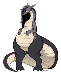 Size: 1200x1457 | Tagged: safe, artist:shyguy9, dragon, fictional species, anthro, belly, big tail, blushing, featureless crotch, female, horns, slightly chubby, solo, solo female, tail