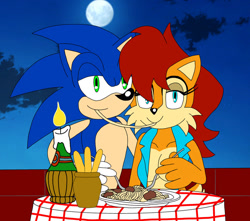 Size: 1024x907 | Tagged: safe, artist:skyward-the-txnlover, princess sally acorn (sonic), sonic the hedgehog (sonic), chipmunk, hedgehog, mammal, rodent, anthro, archie sonic the hedgehog, disney, lady and the tramp, sega, sonic the hedgehog (series), 2021, duo, female, food, male, male/female, quills, sonally (sonic), spaghetti
