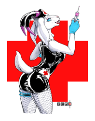 Size: 1083x1376 | Tagged: suggestive, artist:ecmajor, bovid, goat, mammal, anthro, 2020, blue eyes, butt, clothes, ears, female, fishnet, fishnet stockings, fur, garter, gloves, hat, horns, latex, latex gloves, legwear, nurse, nurse hat, nurse outfit, piercing, pinup, see-through, signature, solo, solo female, standing, stockings, syringe, tail, tongue, tongue piercing, white body, white fur