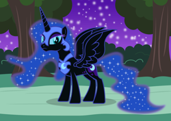 Size: 2794x1982 | Tagged: safe, artist:thatusualguy06, nightmare moon (mlp), alicorn, equine, fictional species, mammal, pony, feral, friendship is magic, hasbro, my little pony, atg 2021, female, forest, looking at you, mare, natg 2021, newbie artist training grounds, night, simple background, solo, solo female, spread wings, transparent background, vector, wings