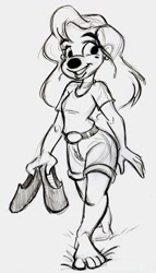 Size: 581x1018 | Tagged: safe, artist:kuroi_wolf, roxanne (a goofy movie), canine, dog, mammal, anthro, a goofy movie, disney, barefoot, beauty mark, clothes, feet, female, shoes, solo, solo female, toes